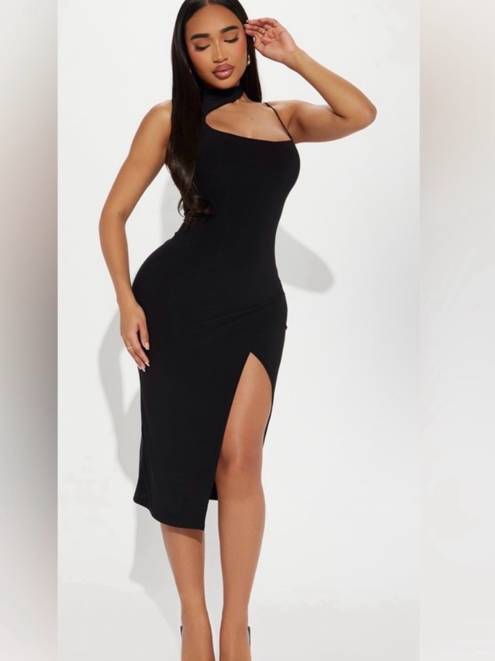 Fashion Nova Black One-Shoulder Midi Dress with High Slit